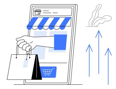 Alış veriş torbaları vitrin çizgisi, el arabası ve yukarı bakan oklarla akıllı telefon ekranından çıkıyorlar. E-ticaret, perakende, dağıtım hizmeti, büyüme, teknoloji ve dijital pazarlama için ideal