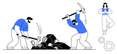 İki adam balyoz ve kazma ile büyük kayaları kırıyor, yanında yoga pozu veren sakin bir kadın var. Konseptler için idealdir. Takım çalışması, denge, sıkı çalışma, farkındalık, fitness, kişisel çalışma