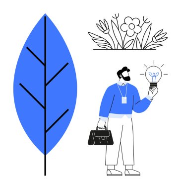Elinde parlak bir ampul, büyük bir soyut yaprak ve çiçek ayrıntıları tutan iş elbiseli bir adam. Yenilik için ideal, çevre dostu kavramlar, iş fikirleri, büyüme, yaratıcılık, sürdürülebilirlik temiz enerji