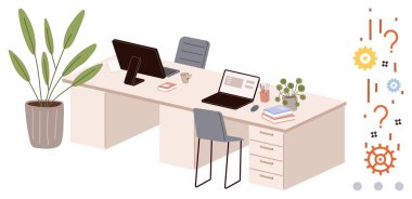 Dizüstü bilgisayarlar, kitaplar, saksı bitkileri, ofis sandalyesi ve kahve fincanı ile ortak ofis masası. Takım çalışması için ideal, üretkenlik, organizasyon, işbirliği verimliliği çalışma alanı tasarımı modern iş