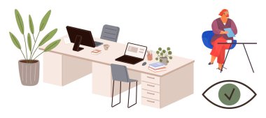 Bilgisayarlar, sandalyeler, bitkiler ve profesyonel inceleme kağıtlarıyla dolu bir masa. İş yeri, takım çalışması, üretkenlik, organizasyon, uzak iş konseptleri için ideal basit düz metafor