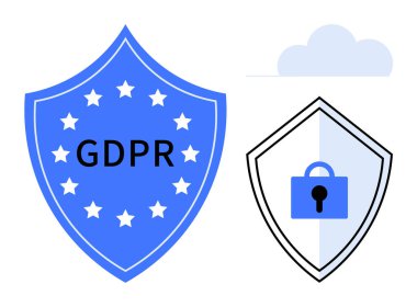 İki kalkan, birinde GDPR ve yıldızlar, diğerinde kilit simgesi ve yukarıda bir bulut var. Siber güvenlik, veri koruması, mahremiyet, yasal uyum bilişim güvenliği ve bilgi güvenliği için idealdir. Soyut