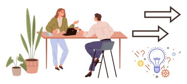 İki meslektaş ortak bir ofis masasında oturan bir dizüstü bilgisayarla fikirleri tartışıyor. Dekoratif oklar ve parlayan bir ampul yenilik, beyin fırtınası ve gelişimi temsil ediyor. Takım çalışması için ideal