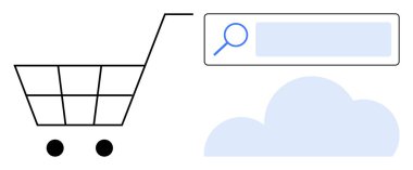 Alışveriş arabası, arama barında büyüteç, mavi bulut. E-ticaret, dijital pazarlama, bulut teknolojisi, yenilik, alışveriş eğilimleri, arama araçları için ideal