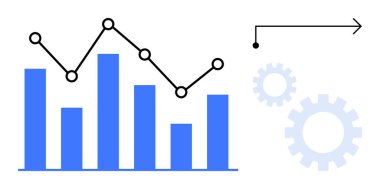 Çubuk grafik ve çizgi grafiği metrikleri temsil eder. İşlem okları ilerlemeyi simgeler. Analiz, iş büyümesi, veri bilimi, strateji, süreç yönetimi, üretkenlik, basit