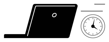 Analog saatin yanındaki laptopu aç ve zamanın geçtiğini göster. Verimlilik, verimlilik, uzaktan çalışma, zaman izleme, iş yeri, zaman çizelgesi, son teslim tarihi için ideal. Minimalist düz metafor