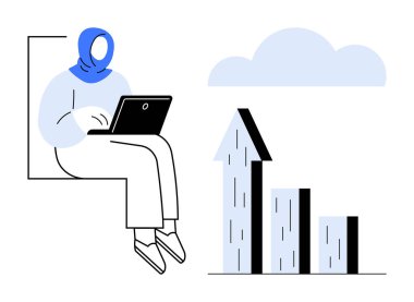 Otururken başörtüsü takan bir kadın, büyümeyi gösteren oklu çubuk grafik ve bulut motifi. Başarı, teknoloji, iş, analitik, eğitim, uzaktan çalışma için idealdir.