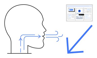 İletişim ya da konuşmayı gösteren hava akışı okları olan insan profili, analitik görüntüleyen dijital ekran ve kalın ok. Teknoloji, yapay zeka, yenilik, sağlık, veri, eğitim için ideal