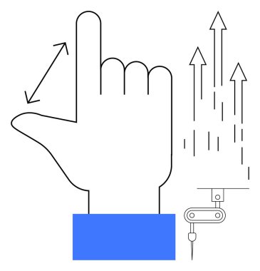 El hareketleriyle büyümeyi simgeleyen oklar ve otomasyonu simgeleyen robotik kollar. İletişim, ilerleme, büyüme, teknoloji, yapay zeka, yenilik tasarım kavramları için idealdir. Basit düz