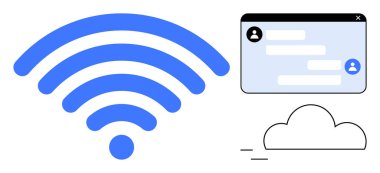Bir sohbet penceresinin yanında kablosuz sembol ve kablosuz ağ, dijital iletişim ve bulut hesaplamasını simgeleyen bir bulut simgesi. Ağ kurmak, veri transferi, teknolojik uygulamalar ve basit iniş için ideal