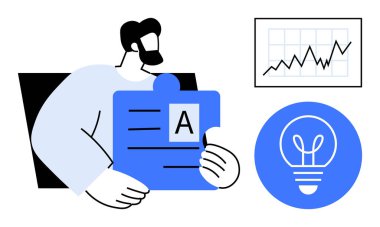 A harfli yapboz tutan adam, büyüme eğilimlerini gösteren çizelge ve iki yenilik sembolü. Takım çalışması, yaratıcılık, veri analizi, eğitim, problem çözme, iş büyümesi için ideal