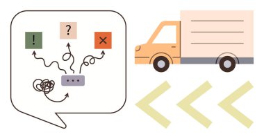Konuşma balonu, karar simgeleri, X, birbirine dolanmış halatlar ve hareket halindeki bir kamyonun yanında oklar. Lojistik, karar verme, ulaşım, iletişim verimliliği, basit bir sorun çözme dairesi için ideal