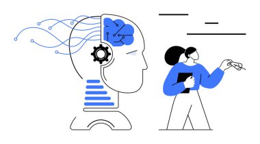 Sinirsel bağlantıları olan gelecekçi robot kafası ve elinde tablet tutan mühendis. Teknoloji için ideal, yapay zeka tasarımı, eğitim, yenilik, programlama, insan-robot işbirliği, basit iniş sayfası