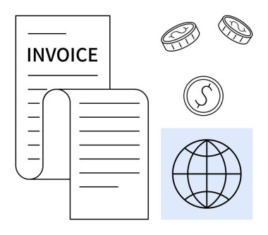 Fatura makbuzu, parayı sembolize eden madeni paralar ve bir dünya. Finans, fatura, küresel ticaret, muhasebe, fatura ve maliyet yönetimi için ideal. Basit düz metafor