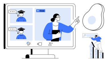 Masaüstü ekranında öğrencilerle canlı video dersi veren öğretmen uzaktan eğitimi gösteriyor. E- öğrenim, iletişim, işbirliği, yetkilendirme, çevrimiçi eğitim, eğitim, basit