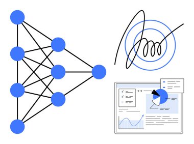 Birbirine bağlı düğümlere sahip sinirsel ağ yapısı, dinamik imza yolu ve kontrol paneli arayüzü. Yapay zeka, teknoloji, veri analizi, yenilik, araştırma, yaratıcılık için ideal basit iniş