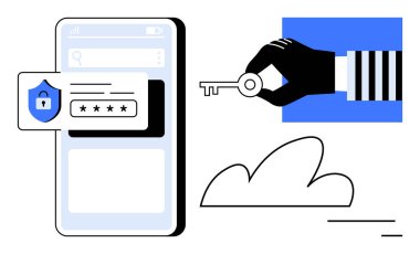 Şifreli akıllı telefon ekranı, el ele tutuşan anahtar, bulut depolama simgesi. Siber güvenlik, veri koruması, kimlik doğrulama, bulut çözümleri, mahremiyet, kullanıcı erişimi basit iniş sayfası