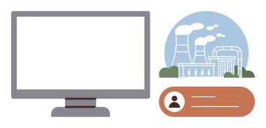 Kullanıcı profili çubuğu ve duman yayan bacaları olan sanayi merkezinin yanında bilgisayar ekranı. Enerji, üretim, izleme, çevre, teknoloji, analitik ve veri için idealdir. Temiz düz metafor