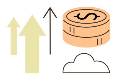 Yığılan paraların yanında yukarı çıkan oklar ekonomik büyümeyi, zenginliği ve başarıyı simgeler. Bulut dijital ekonomiyi tasvir eder. İş, yatırım, finans, teknoloji ve kar büyümesi için ideal