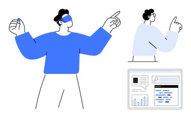 Adam sanal gerçeklik kulaklığı ile etkileşime giriyor, dijital arayüzü işaret ediyor, ekrandaki analitik paneli gösteriyor. Teknoloji, yenilik, VR bağlantısı, UX tasarımı, veri, araştırma sade iniş için ideal