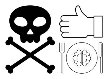 Kafatası ve çapraz kemikler, baş parmak hareketi ve çatal bıçakla servis edilen bir beyin. Etik, karar verme, gıda tercihleri, beslenme, felsefe, farkındalık için ideal basit iniş sayfası