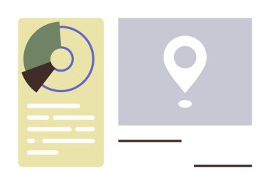 Veri segmentleri ile dairesel şema, solda metin ayrıntıları, sağdaki ekranda yer belirleme haritası iğnesi. Veri analizi, raporlama, iş stratejisi, geotargeting, bilgi grafikleri için ideal