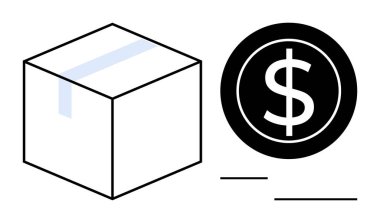 Dolar tabelasının yanında karton kutu taşımacılık, ödeme, ticaret veya ürün fiyatlandırması. E-ticaret, lojistik, dağıtım, perakende satış maliyet analizi için ideal. Basit düz metafor