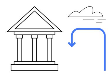 Sütunlu yapı hükümeti ya da kurumu bulut ve eğri bir okla sembolize ediyor. Yönetim, değişim, bulut teknolojisi, modernizasyon, kurumlar, eğilimler için ideal, basit düz metafor