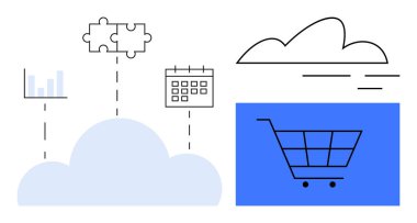 Bulut e-ticareti, çizelgeleri, takvimi ve bulmaca parçalarını birbirine bağlar. İş, teknoloji, yenilik, online alışveriş veri yönetimi ekip çalışması için ideal. Basit düz metafor