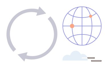 Daimi hareketi vurgulayan dairesel oklar, konum belirteçleri olan dünya, veri akışını temsil eden yüzen bulut. Küreselleşme, ağ oluşturma, lojistik ve bulut için ideal