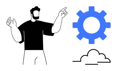 Mavi dişli ve bulut sembollü bir adam, teknolojiyi, yeniliği, süreci, yaratıcılığı, takım çalışmasını, dijital dönüşümü, eğitimi vurguluyor. Ticari teknoloji trendleri için ideal basit öğrenme