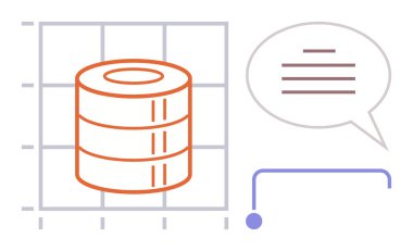 Konuşma balonu ve bağlantı satırıyla ızgara düzeni üzerine sıkıştırılmış veri yığını. Veritabanı yönetimi, iletişim, bulut depolama, veri alışverişi, analitik, teknoloji, basit düz metafor için ideal