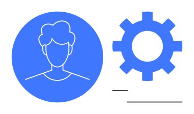 Çemberin içindeki mavi avatar simgesi, ayarları veya kişiselleştirmeyi sembolize eden bir dişlinin yanında. Kullanıcı yönetimi, kişiselleştirme, hesap ayarları, takım çalışması, dijital kimlik, teknik süreç için ideal