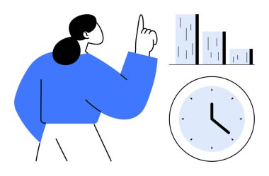 Saat simgesi zaman yönetimini görselleştirirken kendine güvenen bir profesyonel çubuk grafiğini işaret ediyor. Analiz, üretkenlik, iş büyümesi, takım çalışması, planlama, karar verme, basit düz metafor