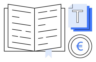Görünür metin satırları, mavi yer imi, T işaretli kağıtlar ve Euro parası olan açık bir kitap. Eğitim, finans, yayıncılık, yazım, araştırma, basit iniş sayfası için ideal