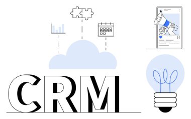Bulut, grafik, bulmaca, takvim, megafonlu akıllı telefon ve ampulle çevrili CRM harfleri. Müşteri yönetimi, takım çalışması, koordinasyon stratejisi pazarlama yeniliği için ideal