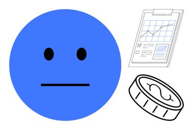 Mavi tarafsız yüz ilgisiz duyguların altını çizer. Mali tablo ve para ekonomiyi, planlamayı, analitiği, kararları sembolize eder. Finans, iş, duygu ve bütçe istatistikleri için ideal
