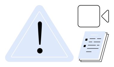 Bir üçgenin içinde ünlem işareti, belge sayfaları ve video simgesi. Güvenlik, alarm, bilgi uyarısı, uyum, belgelendirme iletişim eğitimi için ideal. Basit düz metafor