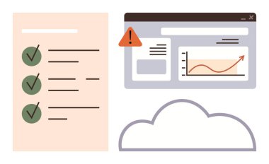 Tamamlanmış görevleri olan kontrol listesi, grafiği ve uyarısı olan gösterge paneli ve bulut grafiği. Bulut temelli analitik, görev yönetimi, üretkenlik, takım çalışması, çevrimiçi depolama, iş akışı ve hedef için ideal