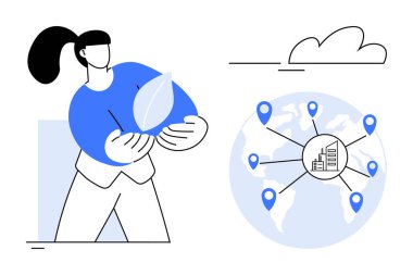 Küresel haritanın yanında sürdürülebilirliği sembolize eden yaprak taşıyan ve fabrikaya bağlı konum belirteçleri olan bir kadın. Sürdürülebilirlik, çevresel koruma, küresel girişimler, çevre dostu