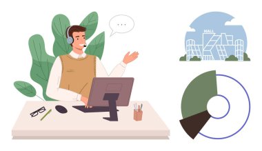 Resepsiyonda kulaklık takan bir yardımcı ajan alışveriş merkezi ve pasta grafiği olan bir ekrana doğru konuşuyor ve hareket ediyor. İletişim, uzaktan çalışma, e-ticaret, analitik, müşteri hizmetleri için ideal