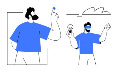 Adam konsepte işaret ediyor, ampulü fikir olarak tutuyor, bulut arkaplanı. Yaratıcılık, beyin fırtınası, yenilik, strateji, gelecek vizyon, karar verme metaforu için ideal