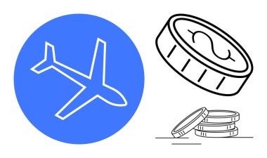 Mavi uçak ikonu siyah çizgili madeni para ve dolar ile eşleştirildi. Seyahat masrafları, bütçe, tasarruf, gider takibi, finansal planlama, ekonomi, basit düz metafor