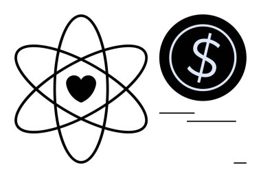 Atomik şekilli, kalbi merkezde ve dolar parası bilimi, aşkı ve ekonomik bağlantıyı simgeliyor. Yenilik için ideal, sürdürülebilirlik, denge, ahlak, ekonomi bilimi aşkı. Basit düz