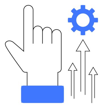 Yukarı bakan el dişli ve oklar büyümeyi, yeniliği ve yönü sembolize ediyor. İlerleme, strateji, liderlik, üretkenlik, çözümler, gelişim için ideal düz metafor