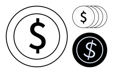 Beyaz ve siyah varyasyonlarla dolar para sembolleri. Finans, tasarruf, bankacılık, para birimi, yatırım, ticaret ve parayla ilgili kavramlar için idealdir. Temiz, düz metafor