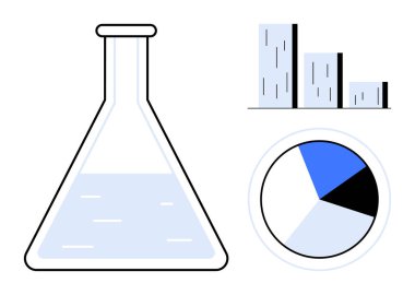 Sıvı, bar grafiği ve araştırma, veri analizi veya ilerlemeyi gösteren pasta grafiği olan bir laboratuvar şişesi. Bilim, eğitim, yenilik, deneysel araştırma veri çalışması için idealdir.