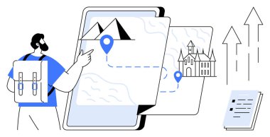 Sırt çantalı planlamacı haritayı işaretli, noktalı ve hedef işaretli olarak görüyor. Seyahat, keşif, hedef belirleme, macera, navigasyon, yolculuk planlaması için ideal basit düz metafor