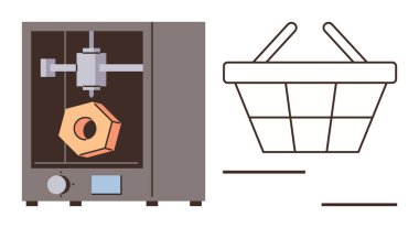 3D yazıcı, yanında sepet bulunan bir geometrik nesne üretiyor, üretimi, yeniliği, e-ticareti, teknolojiyi, çevrimiçi alışverişi, endüstriyel tasarımı ve gelecekteki eğilimleri sembolize ediyor. Basit bir daire.
