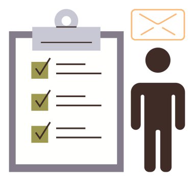 Kontrol panosu, kontrol işaretleri, insan figürü ve zarf simgesi. Üretkenlik, planlama, organizasyon, görev yönetimi, iletişim takım çalışması hedef takibi için idealdir. Basit düz metafor